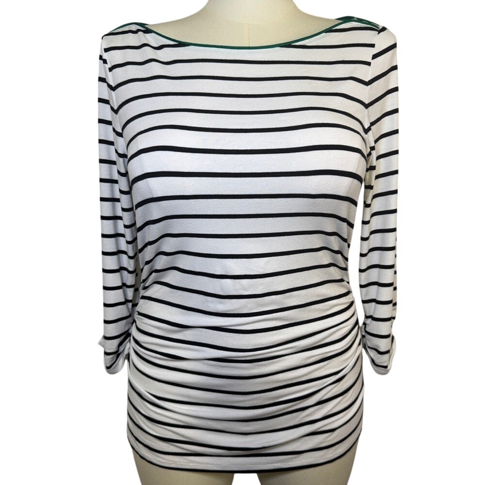 White House Black Market WHBM Ruched Striped Top Blouse Shirt Size Large